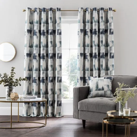 Eyelet Curtains with Jacquard - Navy, Polyester by Dunelm, alternate view