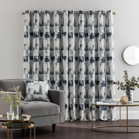 Eyelet Curtains with Jacquard - Navy, Polyester by Dunelm, image 4
