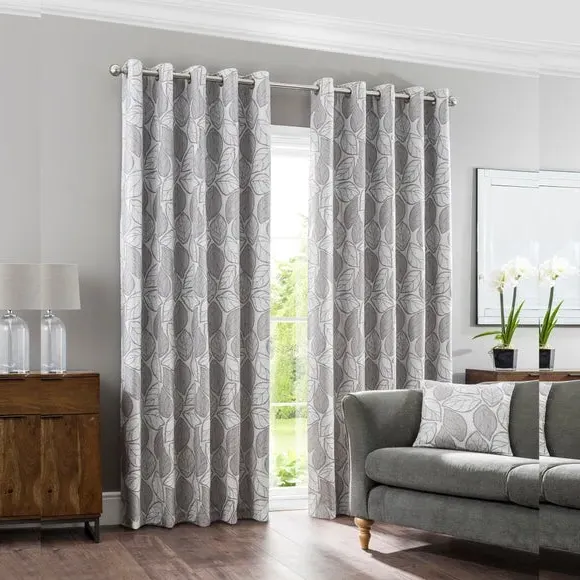 Eyelet Curtains with Jacquard Pattern - Silver alternate view
