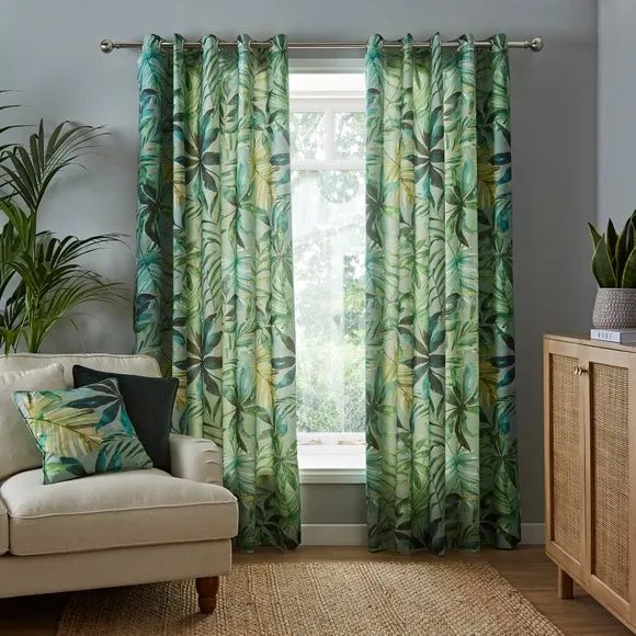 Eden Eyelet Curtains with Tropical Print - Green, Cotton alternate view