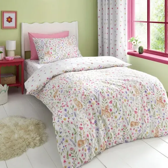 Floral Kitty Cats Quilt Cover & Pillowcase Set - White, Polycotton product