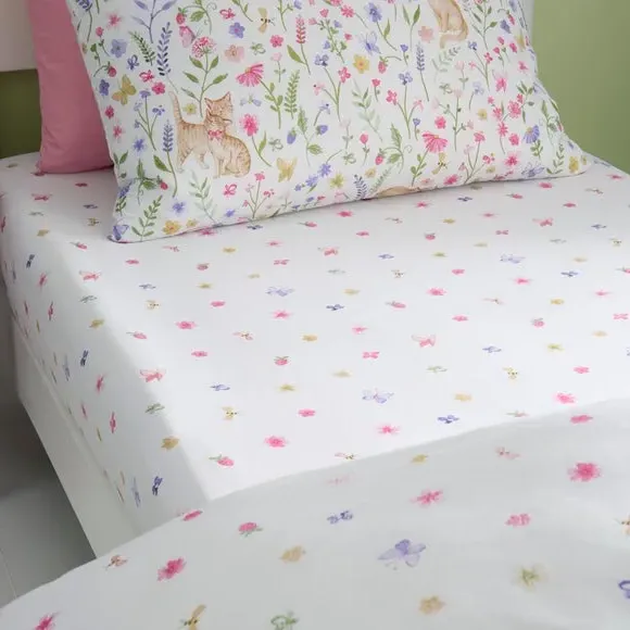 Floral Kitty Cats Set of 2 Fitted Sheets - White, Polycotton alternate view