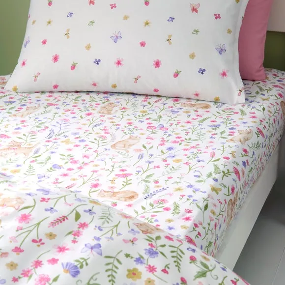 Floral Kitty Cats Set of 2 Fitted Sheets - White, Polycotton product