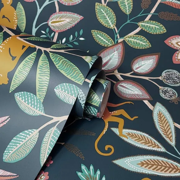 Monkey Walk Floral Wallpaper with Metallic - Navy Blue alternate view