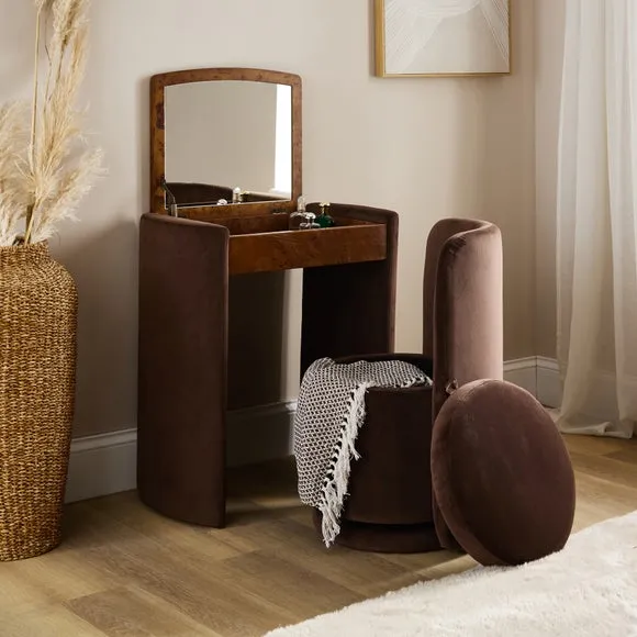 Frankie Compact Dressing Table Set with Mirror & Stool - Brown, Velvet alternate view