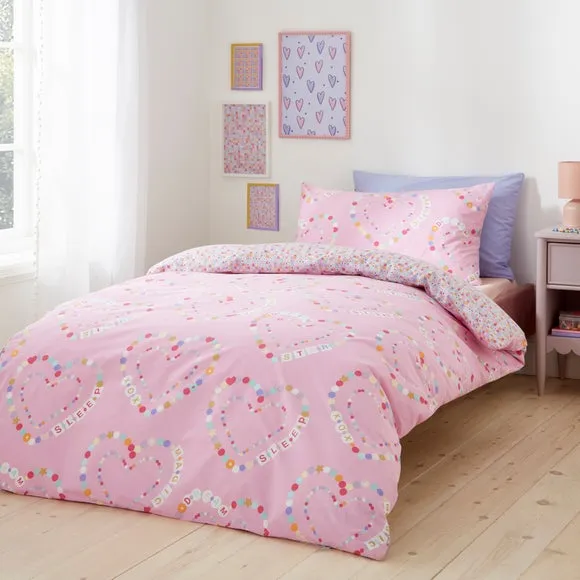 Friendship Hearts Reversible Duvet Cover and Pillowcase Set - Pink alternate view