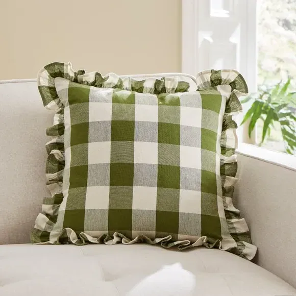 Frilled Cushion with Check Pattern - Olive product