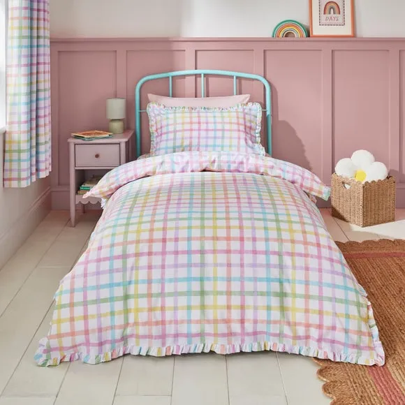 Frilled Checked Duvet Cover & Pillowcase Set - Multicolor, Cotton product