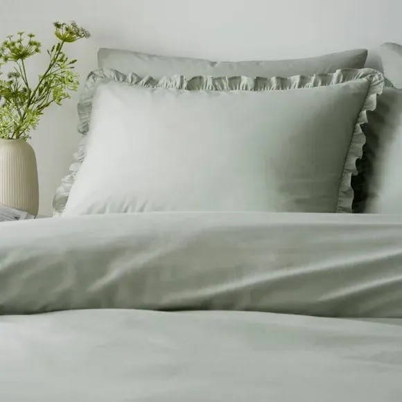 Frilled Duvet Cover & Pillowcase Set - Sage Green, Cotton alternate view