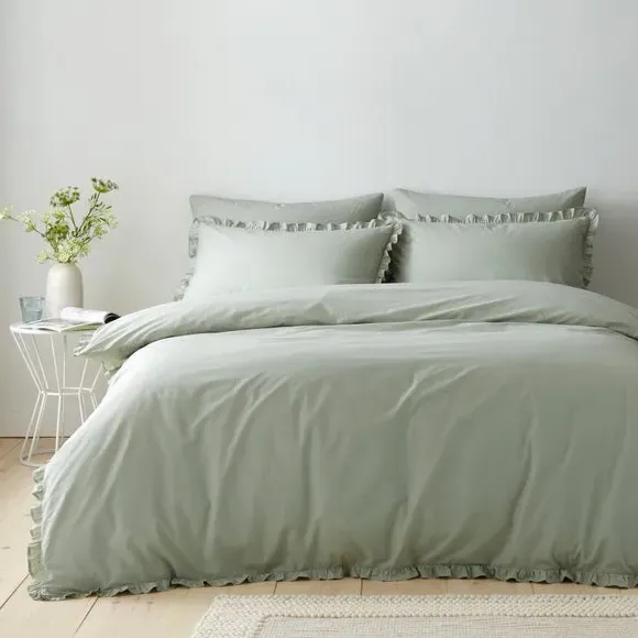 Frilled Duvet Cover & Pillowcase Set - Sage Green, Cotton product