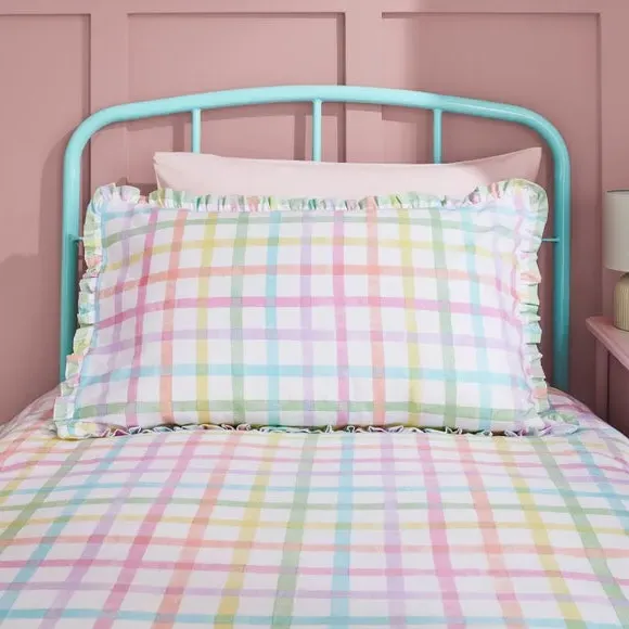 Rainbow Frilled Checked Duvet Cover & Pillowcase Set - Multicolor, Cotton alternate view