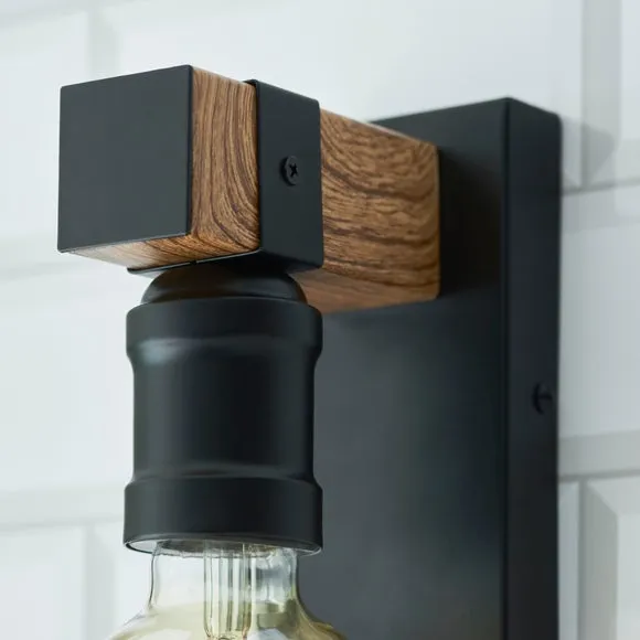 Fulton Industrial Bathroom Wall Light - Black, Wood Effect alternate view