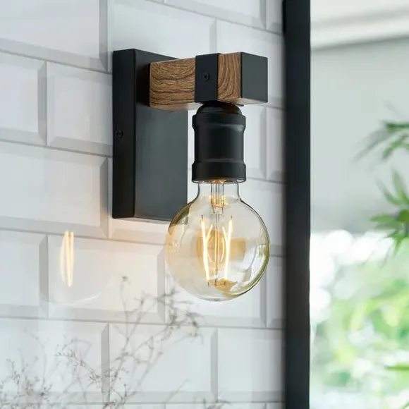 Fulton Industrial Bathroom Wall Light - Black, Wood Effect product