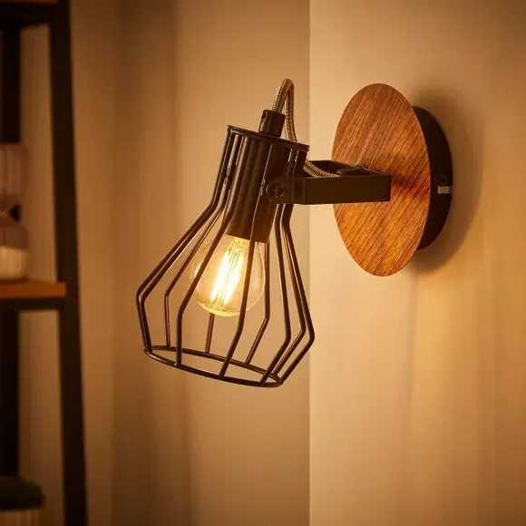 Fulton Spotlight Wall Light - Black, Wood Effect alternate view