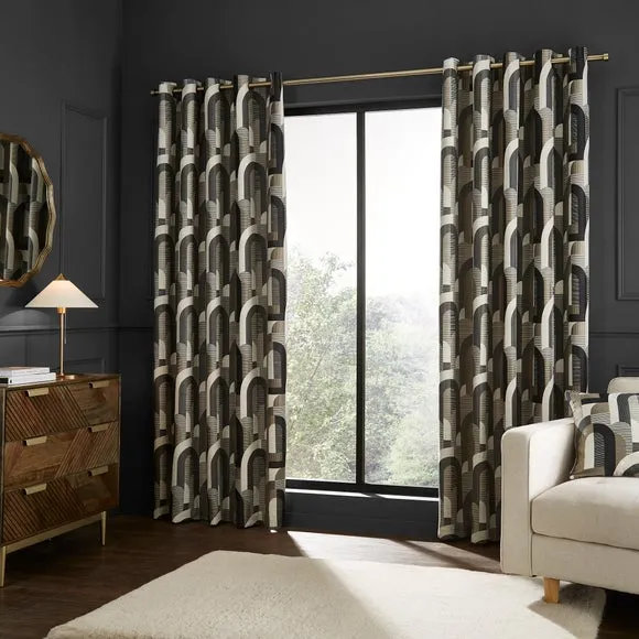 Geometric Jacquard Eyelet Curtains - Charcoal, Polyester alternate view