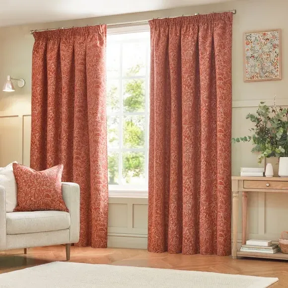 Grantley Pencil Pleat Curtains with Botanical Design - Brick alternate view