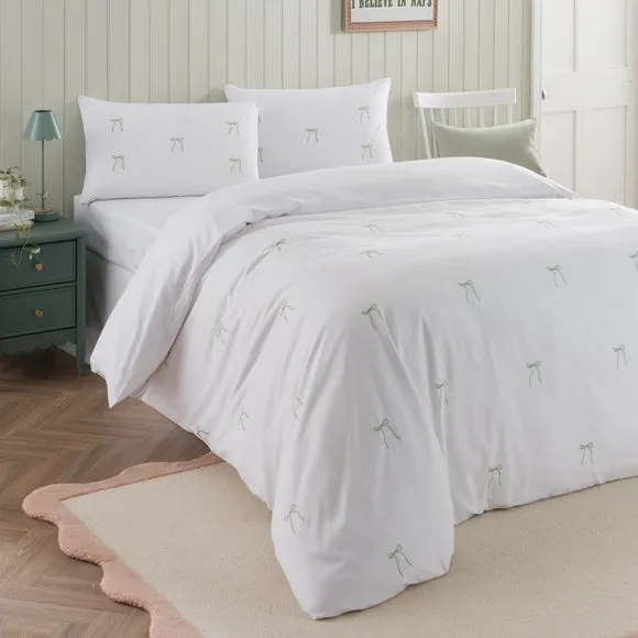 Green Bows Embroidery Quilt Cover and Pillowcase Set - Sage Green alternate view