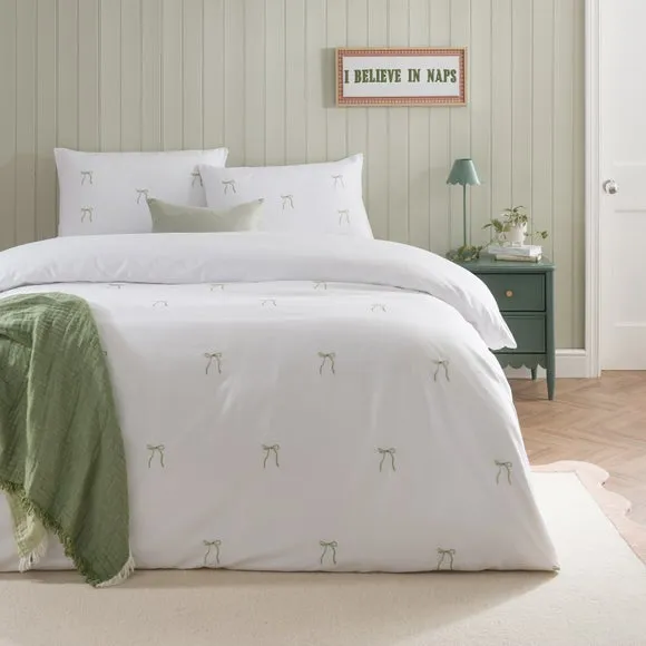 Green Bows Embroidery Quilt Cover and Pillowcase Set - Sage Green product