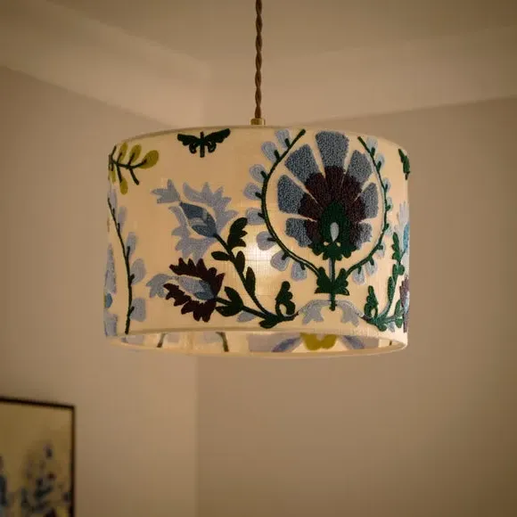 Hani Embroidered Easy Fit Drum Lamp Shade - Blue, Polyester alternate view