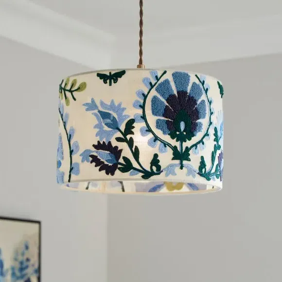 Hani Embroidered Easy Fit Drum Lamp Shade - Blue, Polyester product