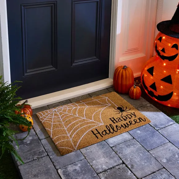 Happy Halloween Spider Web Coir Doormat - Black/White product