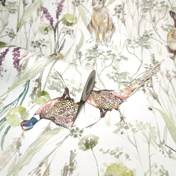 Hare and Pheasant Wallpaper - Sage Green alternate view