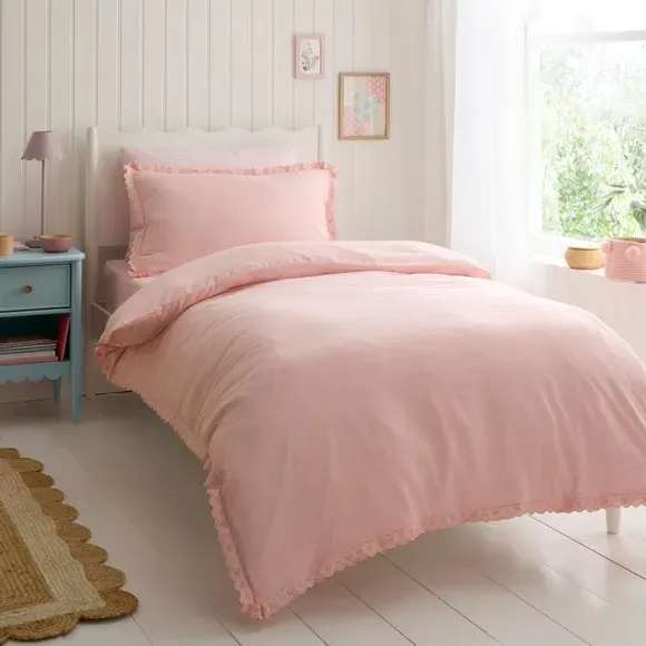 Heart Embroidered Trim Quilt Cover & Pillowcase Set - Pink product