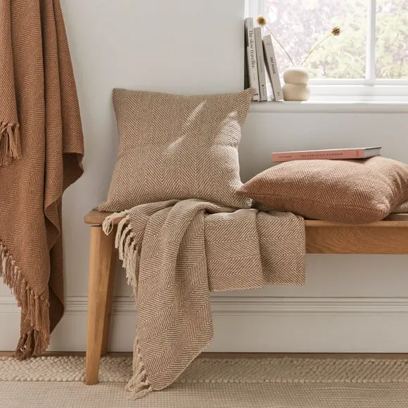 Jenson Herringbone Throw Blanket - Pebble, Cotton by Dunelm, image 3