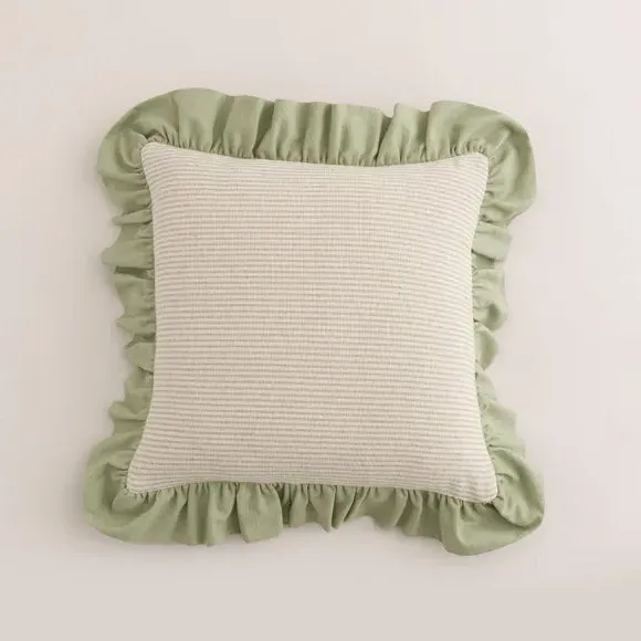 Isabelle Striped Ruffle Square Cushion Cover - Sage Green, Cotton alternate view