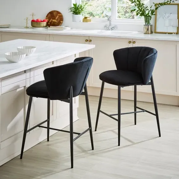 Kiley Bar Stool with Black Legs - Black, Velvet alternate view