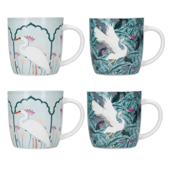 Set of 4 Mugs with Bird Design - Green, Stoneware alternate view