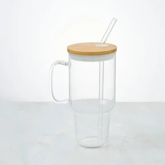 Large Glass Tumbler with Straw - Clear