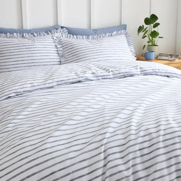 Laylah Frilled Stripe Duvet Cover & Pillowcase Set - Blue, Cotton alternate view
