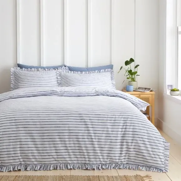Laylah Frilled Stripe Duvet Cover & Pillowcase Set - Blue, Cotton product
