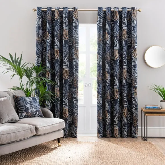 Leaf Jacquard Eyelet Curtains - Navy, Polyester by Dunelm, image 2
