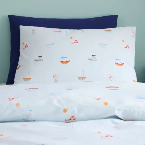 Little Boats Reversible Duvet Cover and Pillowcase Set - Blue, Polycotton alternate view