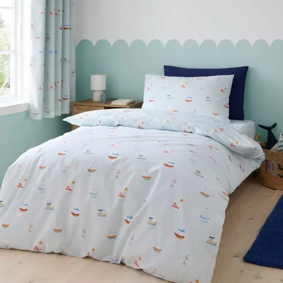 Little Boats Reversible Duvet Cover and Pillowcase Set - Blue, Polycotton product
