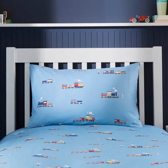 Little Trains Quilt Cover and Pillowcase Set - Blue, Polycotton alternate view