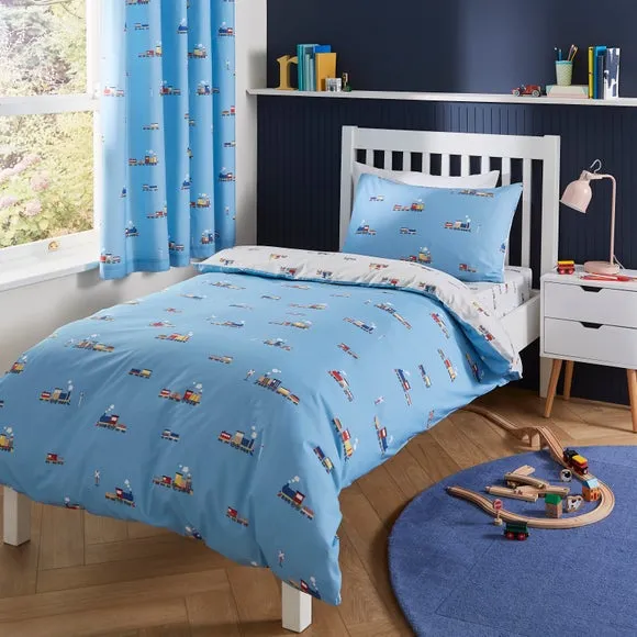 Little Trains Quilt Cover and Pillowcase Set - Blue, Polycotton product