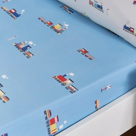 Little Trains Set of 2 Fitted Sheets - Blue, Polycotton product