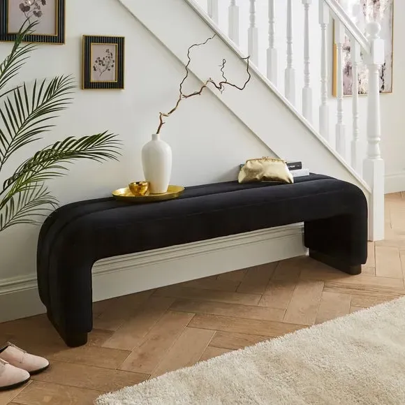 3-Seater Dining Bench with Curved Detail - Black, Velvet alternate view