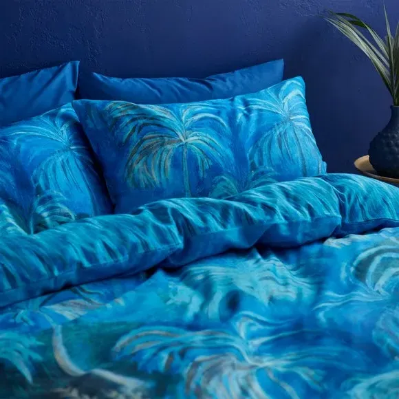 Midnight Palms Reversible Duvet Cover Set - Blue, Cotton Sateen alternate view