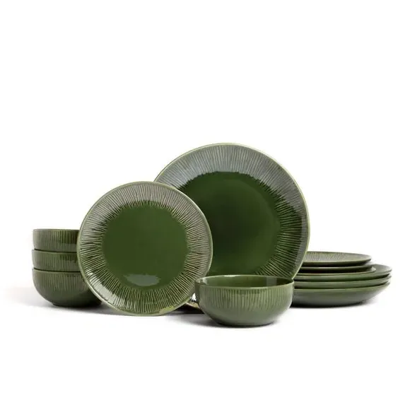 12-Piece Dinner Set with Leaf Pattern - Green alternate view
