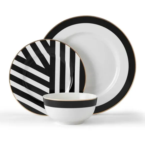 Luxe Deco 12-Piece China Dinner Set - Black/White alternate view