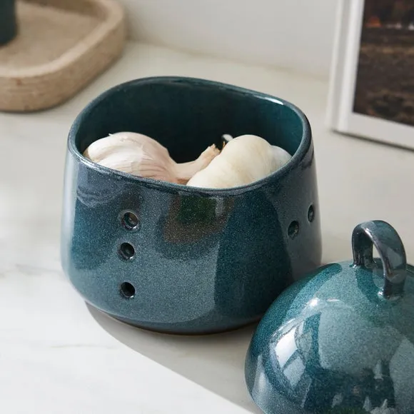 Garlic Pot with Lid - Blue, Stoneware alternate view