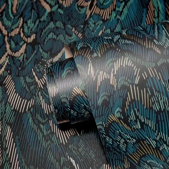Plume Wallpaper with Feather Design - Blue alternate view