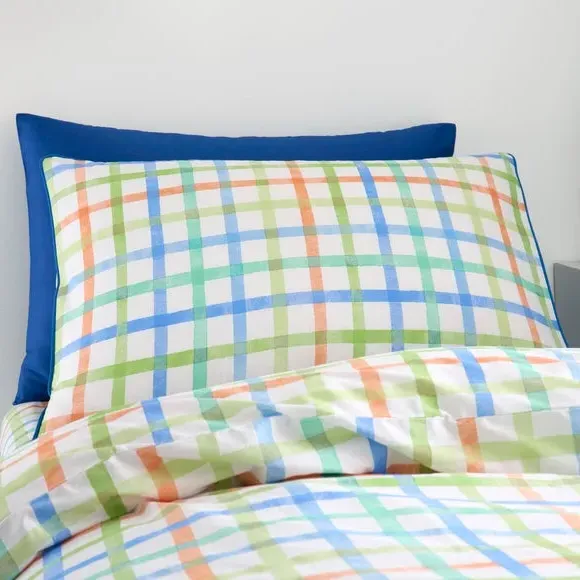Multi Check Quilt Cover & Pillowcase Set - Blue, Cotton alternate view