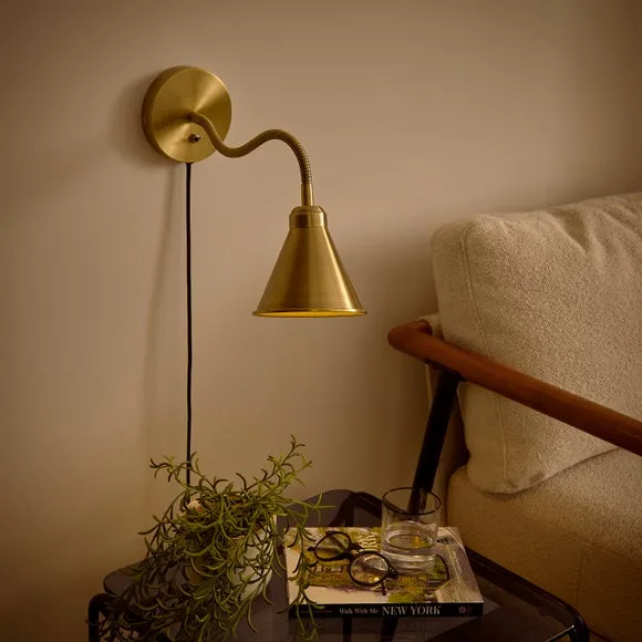 Newton Goose Neck Adjustable Plug-In Wall Light - Brass, Steel alternate view