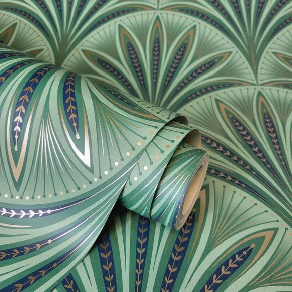 Art Deco Fan Wallpaper - Blue, Metallic alternate view