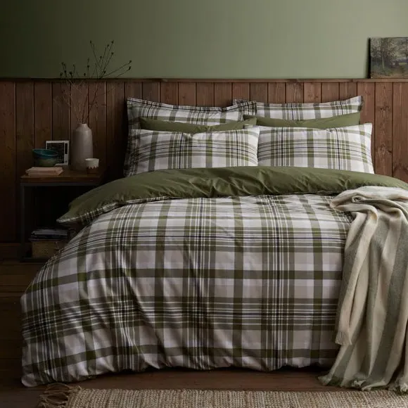 Oakley Woven Check Duvet Cover & Pillowcase Set - Olive Green, Cotton alternate view